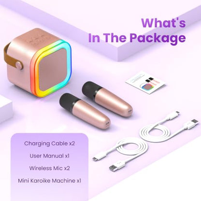 Mini Karaoke Machine, Portable Bluetooth Speaker & 2 Wireless Microphones | Karaoke Player Karaoke Microphone For Family Home Party Outdoor With HI-FI Sound | 5 Magic Sound | PA System | USB | TF | AUX - color: Rose Gold