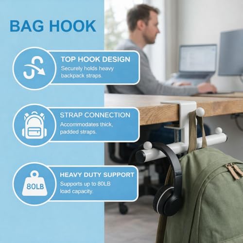 3-Hook Desk Bag Hanger, Purse Hook for Desk, Backpack Hanger Office Use | Fits 0.39-1.57 in. desk or shelf thicknesses; tool-free clamp and non-slip pads hold headphones plus a backpack or lunch bag. - color: White