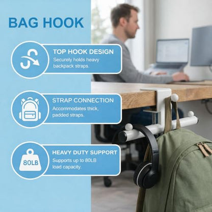 3-Hook Desk Bag Hanger, Purse Hook for Desk, Backpack Hanger Office Use | Fits 0.39-1.57 in. desk or shelf thicknesses; tool-free clamp and non-slip pads hold headphones plus a backpack or lunch bag. - color: White