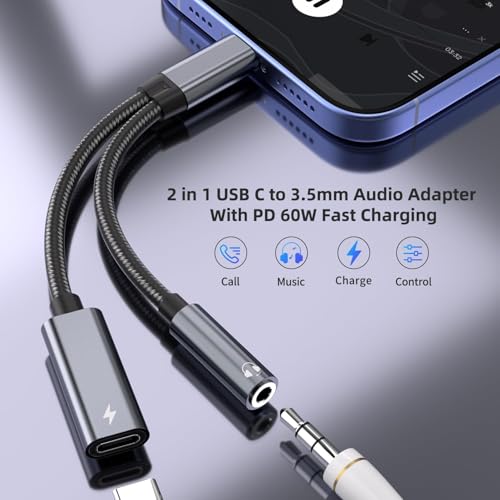 Samsung Galaxy S26 Headphone Adapter, USB C to AUX Mic Jack with PD 60W Fast Charging for Stereo, Earphones, Compatible with Samsung Galaxy S26/S26+/S26 Ultra/S25/S25+, Google Pixel 10/9 - color: Gray