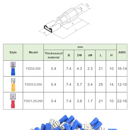 200피스 빠른 분리 비닐 절연 암 스페이드 와이어 커넥터, 16-14 AWG-6.3mm 0.6cm(1/4인치) 전기 크림프 터미널 - size: Female 200pcs AWG16-14 Blue