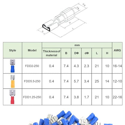 200피스 빠른 분리 비닐 절연 암 스페이드 와이어 커넥터, 16-14 AWG-6.3mm 0.6cm(1/4인치) 전기 크림프 터미널 - size: Female 200pcs AWG16-14 Blue