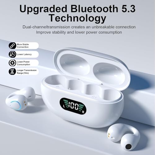Open Ear Headphones Bone Conduction Headphones Clip On Earbuds Bluetooth 5.3 Wireless Earphones with LED Power Display Charging Case IPX7 Waterproof Sports for Workout Driving Walking 87