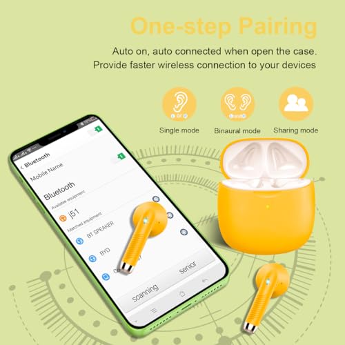 Wireless Earbuds, Bluetooth 5.4 Headphones in Ear with Noise Cancelling Mic | Bluetooth Earbuds Stereo Bass, IP7 Waterproof Sports Earphones, 32H Playtime USB C Charging Ear Buds Yellow for Android iOS - color: butter yellow