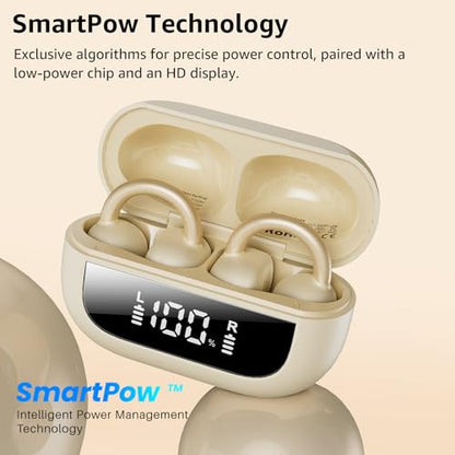 TOZO OpenEarRing Open Ear Earbuds 40H Bluetooth 5.4 Lightweight Comfort | Open Ear Clip On Wireless Earbuds with Smart Digital LED Display, Stable Connection, Secure Fit for Driving Workout Khaki - color: Khaki