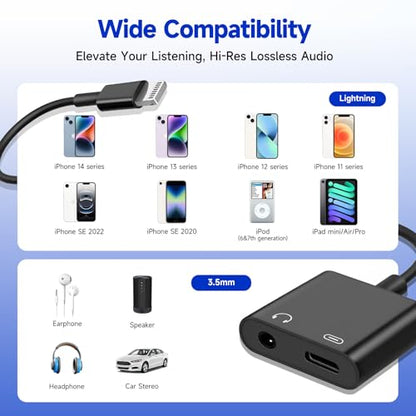 [Apple MFi Certified] 2-in-1 Charging & Audio Adapter for iPhone, Lightning to 3.5mm Headphone Jack Dongle Splitter, Supports Hi-Res Lossless Sound, Compatible with iPhone 14/13/12/11/XS/XR/8/7 1Pack - color: Black
