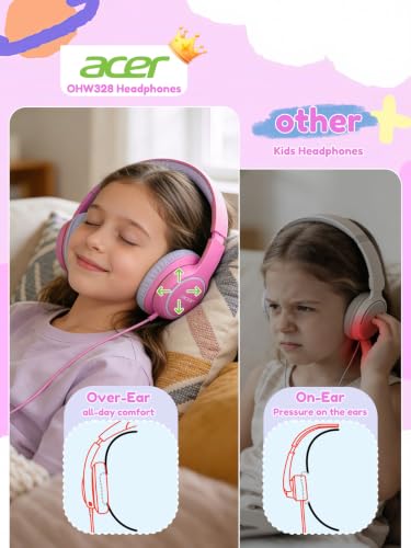 Acer OHW328 Kids Headphones Wired for School - Over Ear Design | 85/94dB Safe Volume Limit, 3.5mm Jack Foldable Headphones for Kids Boys Girls Classroom Yoto Player Chromebook Travel Pink - color: Pink