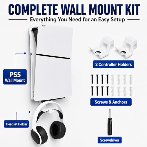 Heavy-Duty Steel Wall Mount Kit Compatible with PS5 Slim, Pro and Original | Secure EVA-padded support, complete install kit, easy setup, open airflow, holders for 2 controllers and headset - color: White
