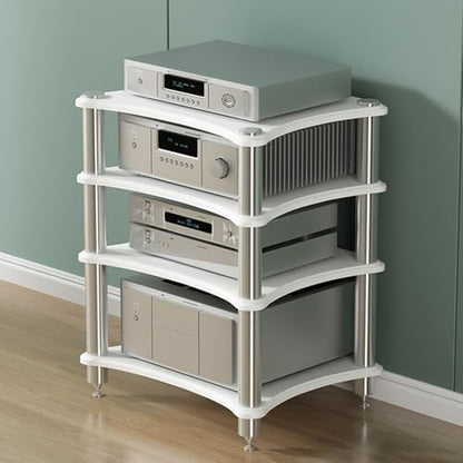 LSMKKA Heavy Duty Audio Component Rack, 85cm High Amplifier Rack Shelf/Audio-video Shelving - Display Record Player Stereo Receiver, Hifi Audiophile Equipment Cabinet, Black White Wood Teak(White)