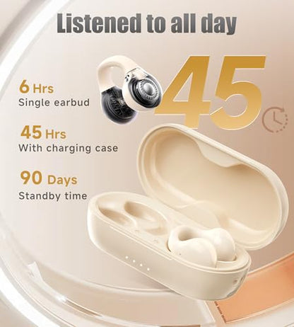King Lucky i21 Open Ear Clip On Earbuds Wireless Bluetooth Ear Clip Headphones with Mic,Noise Cancelling, Waterproof IPX4,for Small Ears,Perfect for Running,Sports,Glasses Wearers (White) - color: White