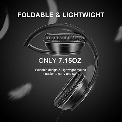 LORELEI X6 Over-Ear Wired Stereo Bass Headphones with Microphone, Lightweight, Foldable & Portable with 1.45M No-Tangle for Smartphone, Tablet, MP3/4, Space Black - color: Space Black