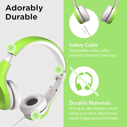 LilGadgets Connect+ Style On-Ear Kids Headphones with Microphone - SharePort Technology, SoftTouch Padding, Detachable Cable, Volume Limiting, Durable & Adjustable - Green - color: Green