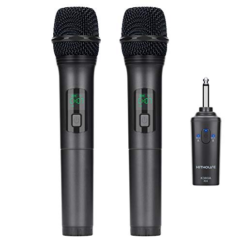 K380A Wireless Microphones - Dual UHF Handheld Cordless Mics with Rechargeable Bluetooth Receiver - Karaoke/Speech/Church (Elegant Black)