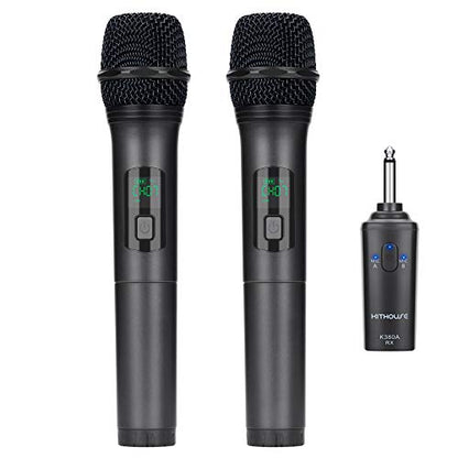 K380A Wireless Microphones - Dual UHF Handheld Cordless Mics with Rechargeable Bluetooth Receiver - Karaoke/Speech/Church (Elegant Black)