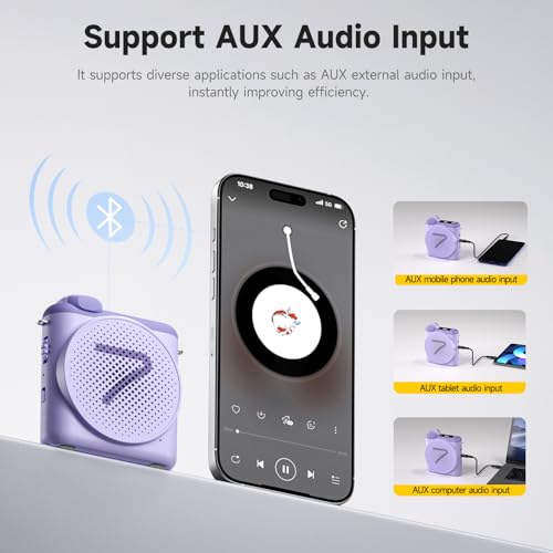 7RYMS WA2 Wireless Voice Amplifier for Teachers with Magnetic Lavalier Mic, Wireless Portable Amplifier with Noise Canceling, Mini Voice Amplifier for Classroom, Meeting, Training, Speech (Purple) - color: Purple