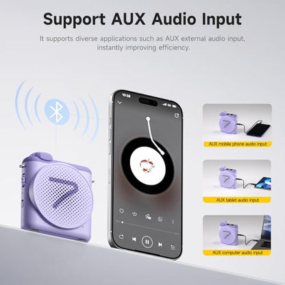 7RYMS WA2 Wireless Voice Amplifier for Teachers with Magnetic Lavalier Mic, Wireless Portable Amplifier with Noise Canceling, Mini Voice Amplifier for Classroom, Meeting, Training, Speech (Purple) - color: Purple