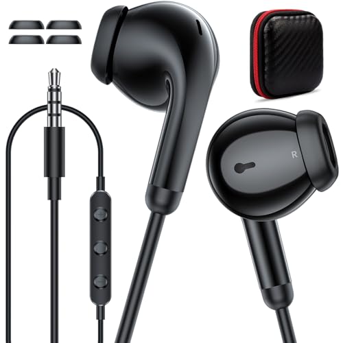ASKUBSKU School Earbuds Wired 3.5mm Headphones with Mic for PC Laptop Black | Corded Earphone Stereo Clear Call Volume Control Semi in Ear Buds for Samsung A14 S10 A12 A25/Moto G Power School Travel