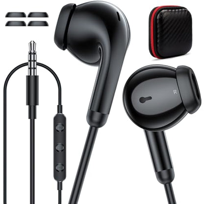 ASKUBSKU School Earbuds Wired 3.5mm Headphones with Mic for PC Laptop Black | Corded Earphone Stereo Clear Call Volume Control Semi in Ear Buds for Samsung A14 S10 A12 A25/Moto G Power School Travel