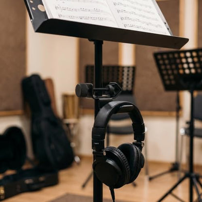 Adjustable Clamp-on Headphone Mount for Mic and Music Stands, Sturdy Iron and Plastic Headphone Rack with Curved Cradle and Secure Installation, for Musicians and Students