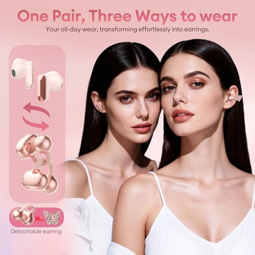 PAXA 3 in 1 Ctbuds Stylish Jewelry-Style Clip on Open Ear Headphones Wireless Earbuds, Instant Earring Mode, Ultra-Long 140H Play, Bluetooth 6.0, All-Day Wear for Work Fitness Daily Use, Rose Gold - color: H-Rose Gold-Gold Butterfly Earring