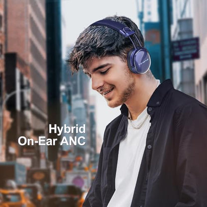 Wireless Bluetooth On-Ear Headphones:with Active Noise Cancellation - Hi Res Sound Up to 55H Battery Life, Lightweight, Comfortable, Foldable Design - color: Blue