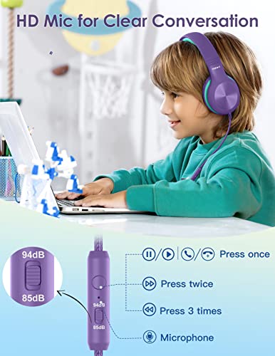 Nabevi Headphones for Kids for School, Kids Headphones with Microphone, Sharing Function, 85dB/94dB Safe Volume Limit, HD Sound, Over Ear Kid Headphone for School, On-line Study, Travel, Purple - color: Purple