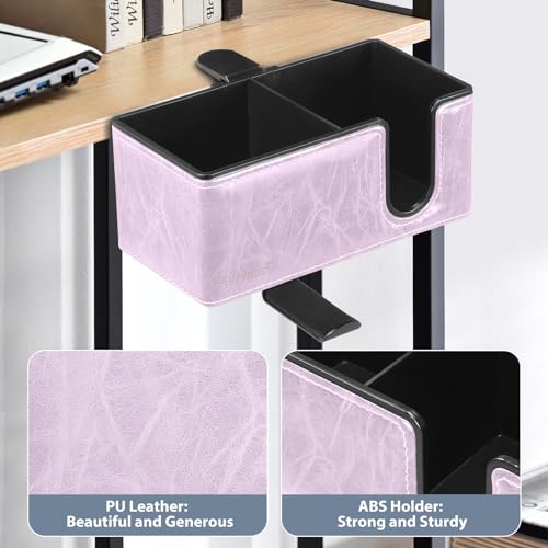 Under Desk Cup Holder Clamp on Cup Holder PU Leather Clip on Desk Organizer | Desk organizer with pencil holder clamp on side, under desk hanging organizer, clip on cup holder desk phone stand holder PU - color: Violet