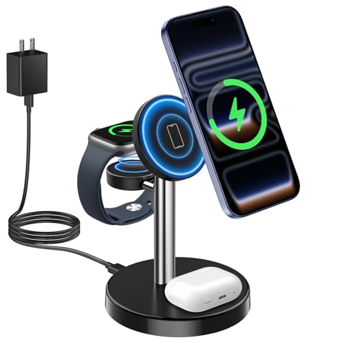 2026 3 in 1 Wireless Charging Station Compatible with MagSafe, 15W Fast Magnetic Mag-Safe Charger Stand for Apple iPhone 17 16 15 14 13 12 Series iWatch AirPods Pro 4 3 2, SilverBlack - color: SilverBlack
