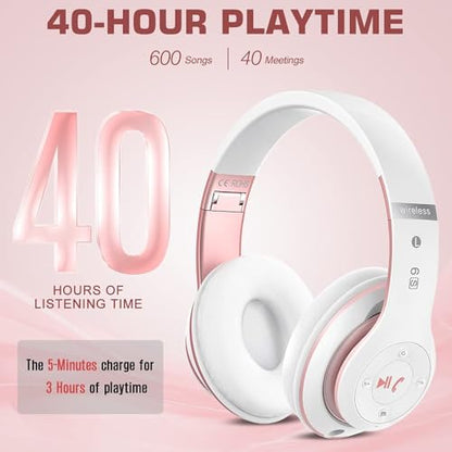 6S Wireless Bluetooth Headphones Over Ear, Hi-Fi Stereo Foldable Wireless Stereo Headsets Earbuds with Built-in Mic, Volume Control, FM for Phone/PC (White & Rose Gold) - color: Pink