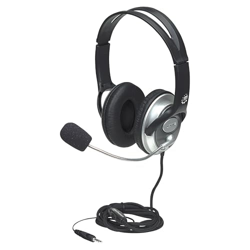 MANHATTAN Wired Stereo Headset with Mic, 3.5 mm Plug, 8 ft Cable | Over-ear fit with padded earcups, adjustable band and boom, pop-noise reduction, 32-ohm audio for calls and gaming
