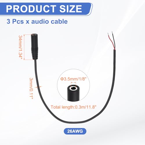 MECCANIXITY 3pcs 3.5mm Female Jack to Bare Wire Open End Replacement 26AWG TRS 2 Pole Stereo 1/8" Mono Jack to Bare Wire 34mm for Earphone Headphone Cable Repair, 11.8inches - size: 11.8inches