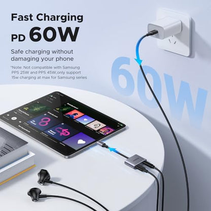 UGREEN USB C to 3.5mm Audio and Charger Adapter 2 in 1 | 24bit/96kHz,Type C to Aux Headphone Jack with PD 60W Charging Dongle for Earbuds Compatible with iPhone Galaxy iPad Switch 2