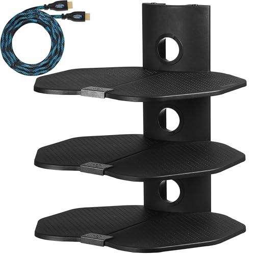 Cheetah TV Wall Mount 3 Shelf Bracket, with 15ft HDMI Cable, Three 18x16-Inch Black Components Shelves Under TV for Cable Box, Blu Ray Player, Stereo AV, AS3B