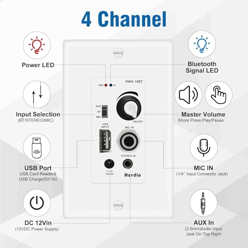 Herdio 4'' Bluetooth Ceiling Speakers 480W 2-Way Flush Mount Speakers System with Wall Amplifier Receiver for Home Theater Office (2 Pairs, Paintable-Grille) - size: 4inch