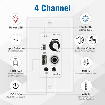 Herdio 4'' Bluetooth Ceiling Speakers 480W 2-Way Flush Mount Speakers System with Wall Amplifier Receiver for Home Theater Office (2 Pairs, Paintable-Grille) - size: 4inch
