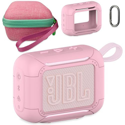 Protective Case for JBL Go 5 Portable Bluetooth Speaker | Accessories Hard Carrying Case and Silicone Cover with Metal Carabiner (Pink Case)