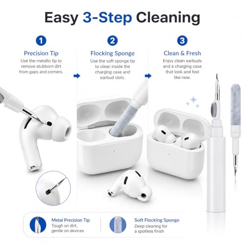 White Multi-Functional Earbud Cleaning Pen Kit, Wireless Earphone Cleaner Tool with Storage Case, Fluff Brush & Metal Pick for Bluetooth Earbuds Charging Case, Phone Port Camera Lens Cleaning Tool - color: White