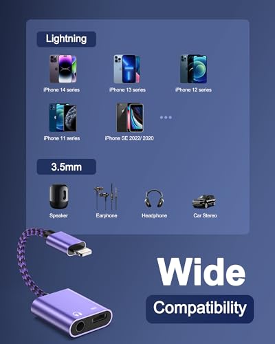 2-in-1 Lightning to 3.5mm Audio Adapter with Charging, Headphone Splitter | MFi Certified iPhone Aux Adapter Female Converter for Apple 14 Plus 13 12 11 Pro Max XR XS iPad mini iPod, Car & Home Stereo - color: Purple