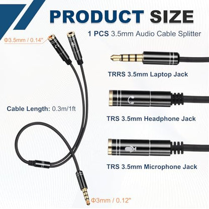 MECCANIXITY Audio Cable Splitter, 3.5mm Male to Dual 3.5mm Female Y Splitter Microphone and Audio Jack Adapter for PC Laptop Smartphone, 1ft, Black - color: Black