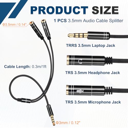 MECCANIXITY Audio Cable Splitter, 3.5mm Male to Dual 3.5mm Female Y Splitter Microphone and Audio Jack Adapter for PC Laptop Smartphone, 1ft, Black - color: Black