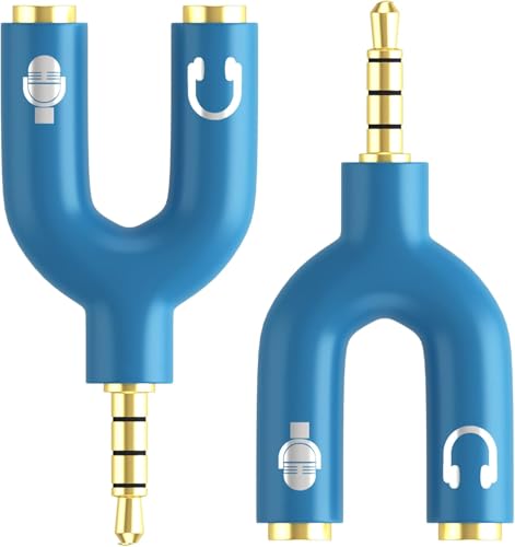 3.5mm Headphone Splitter Adapter, 2 Pack TRRS Male to Dual Female Y Splitter for Audio & Microphone – Headset to PC Mic Adapter – Compatible with Laptops, Tablets, Phones, PS4/PS5 Controllers, Blue - color: Blue
