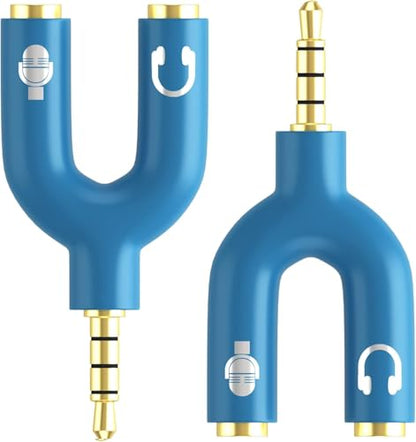 3.5mm Headphone Splitter Adapter, 2 Pack TRRS Male to Dual Female Y Splitter for Audio & Microphone – Headset to PC Mic Adapter – Compatible with Laptops, Tablets, Phones, PS4/PS5 Controllers, Blue - color: Blue