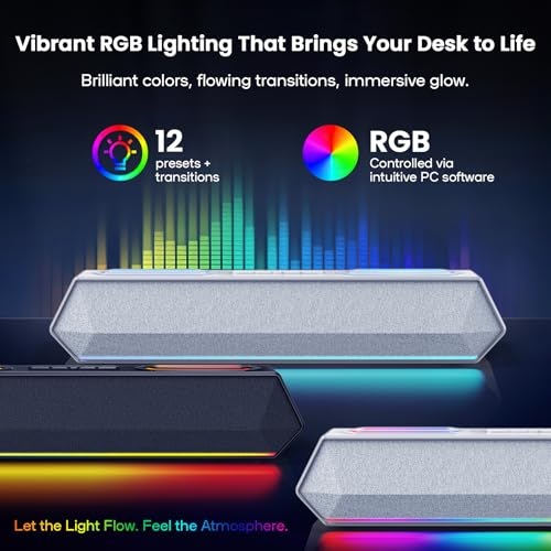 Deeyaple Computer Speakers, 40W PC Speakers for Desktop Monitor with Bluetooth 5.3 & USB Audio, HiFi Stereo Gaming Soundbar with Custom EQ Software, Dynamic RGB Lighting for Laptop, PS4, PS5, White.