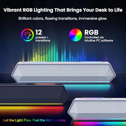 Deeyaple Computer Speakers, 40W PC Speakers for Desktop Monitor with Bluetooth 5.3 & USB Audio, HiFi Stereo Gaming Soundbar with Custom EQ Software, Dynamic RGB Lighting for Laptop, PS4, PS5, White.
