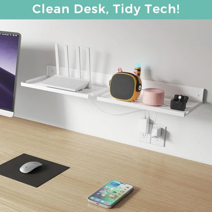 Router Shelf Wall Mount Foldable - 14" Width for Router and Modem | Fold Up Metal Shelf w/Cable Hole & Heat Vents | Space-Saving Holder for WiFi Devices/TV Box (14" W×8" D, White) - color: White (14-inch)