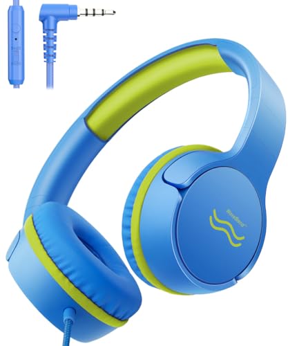 Wired Kids Headphones with Mic, 85/94dB Safe Volume Control, Foldable On-Ear Headset for School, Travel, Tablet & Laptop, 3.5mm Jack, Blue/Lime Green - color: Blue LimeGreen