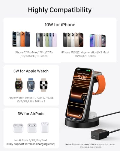 Anlmz 3 in 1 Charging Station for iPhone, Wireless Charger for iPhone 17 16e 16 15 14 13 12 11 X Pro Max & Apple Watch - Wireless Charging Station for AirPods 4 3 Pro - color: Black