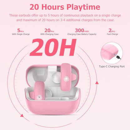 iDIGMALL Kids Wireless Earbuds, Open Ear Clip On Headphones for Teen, Pink | 85dB Volume Limit, 20 Hours Charging Case, Bluetooth 5.4, Built-in Mic, For Teens Child Girls Boys Home School Travel Sports - color: Pink