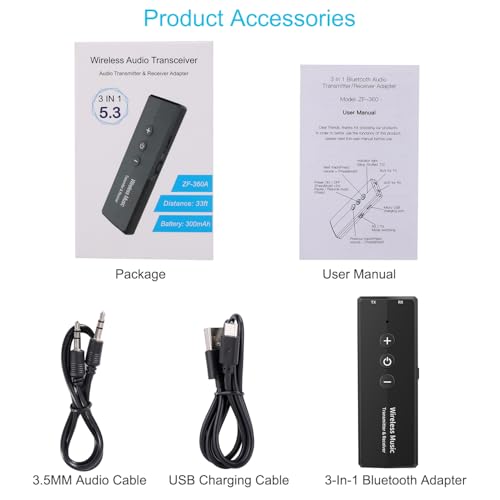 Bluetooth 5.3 Transmitter for TV PC, Audio Receiver for Car Speaker System | 2026 Upgraded 3-in-1 Portable Wireless Rechargeable Stereo Transceiver Adapter - color: Black