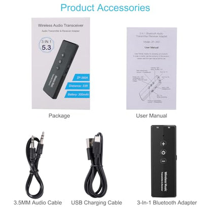 Bluetooth 5.3 Transmitter for TV PC, Audio Receiver for Car Speaker System | 2026 Upgraded 3-in-1 Portable Wireless Rechargeable Stereo Transceiver Adapter - color: Black